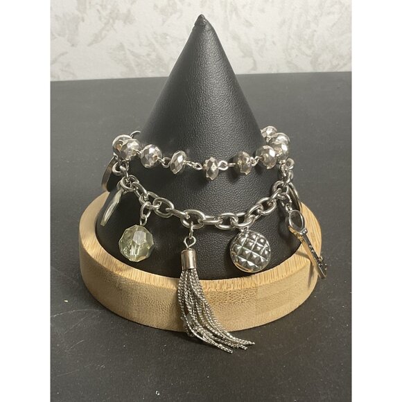 Two-Layer Silver Charm Bracelet With Tassel & Heart Pendants - Picture 1 of 5